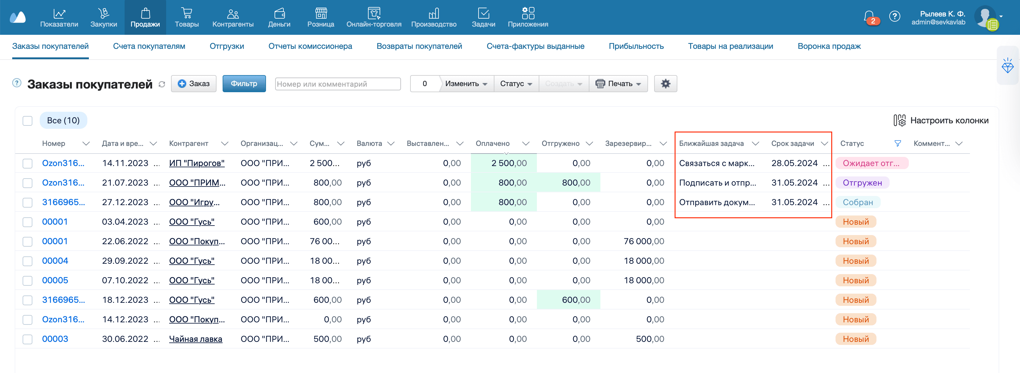 Заказы покупателей ближайшие задачи