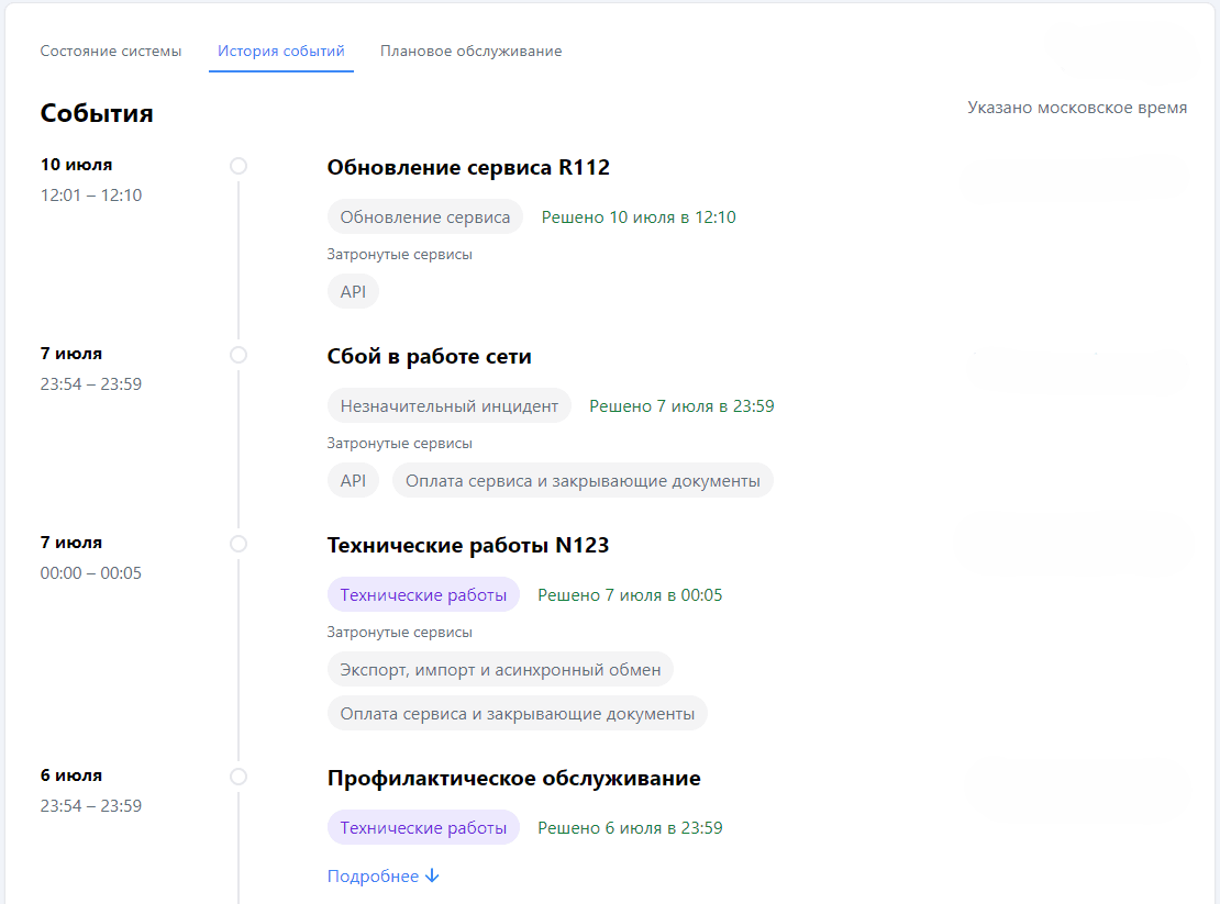 История событий